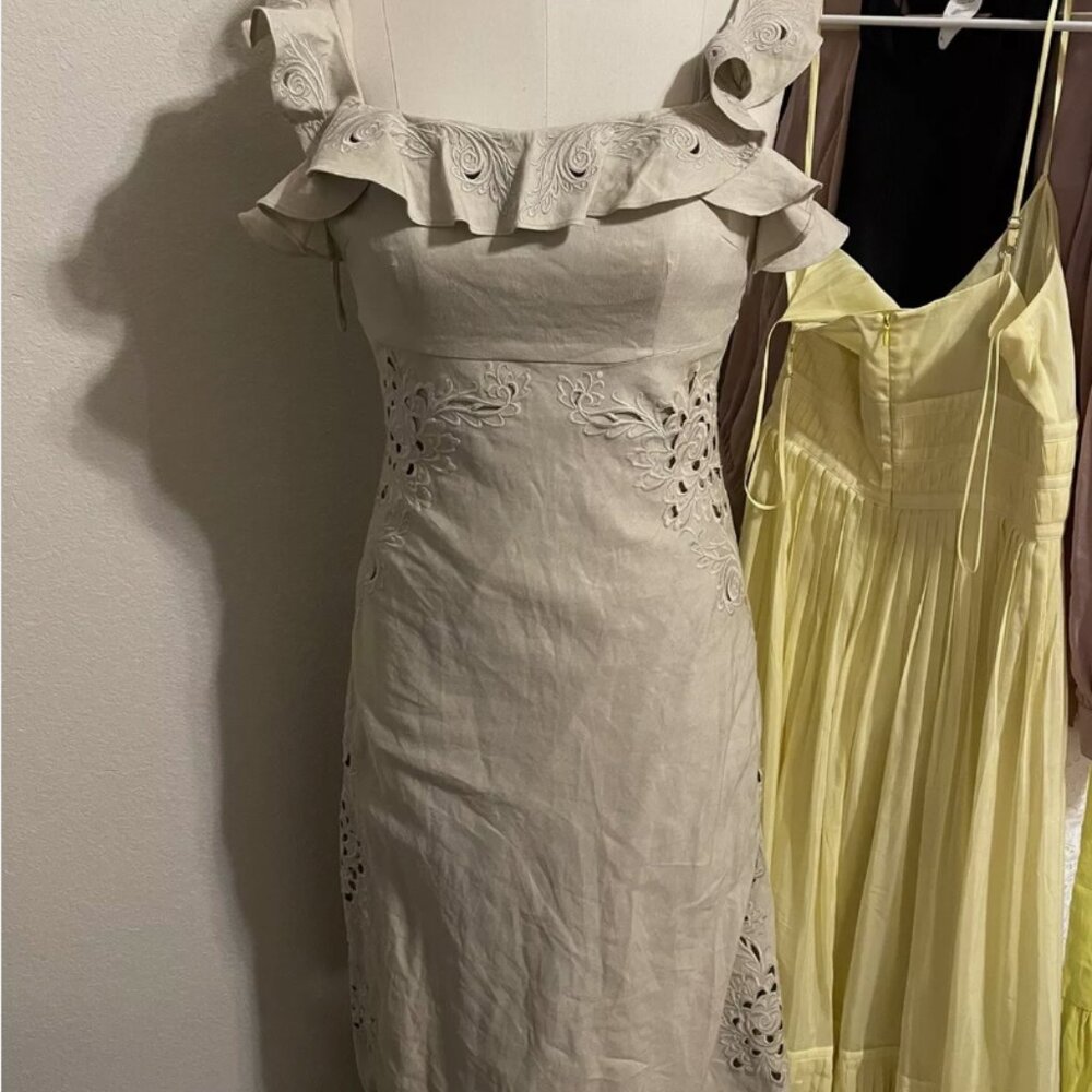 NEW SAMPLE LINEN EMBROIDERED Zimmermann INSPIRED Ruffle Midi Dress Khaki Small/4